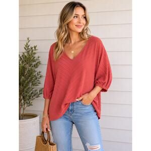 HOURS New York Oversized Textured V-Neck Top Coral Rose Size M (Fits Like L)